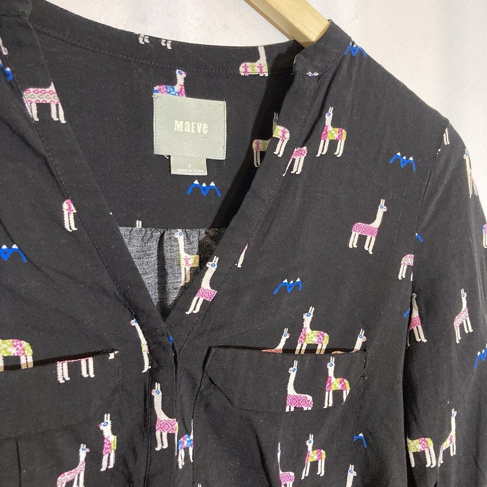 Anthropologie Maeve Women’s Size 0 Black Moonflower Llama‎ Long Sleeve Top Shirt